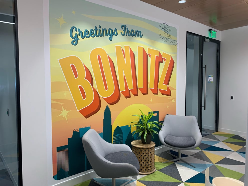 Event space wall mural with creative branding graphics Charlotte, NC
