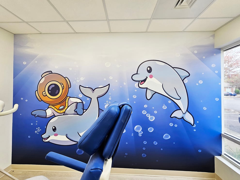 Event venue wall mural with branded graphics near Huntersville, NC