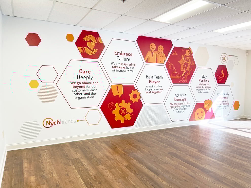 Hallway wall wrap with branded graphics for workplace in Mooresville, NC
